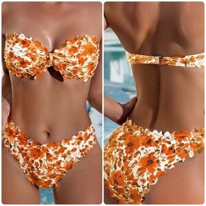 Orange Floral Scallop Trim Bandeau High Waisted Bikini Set